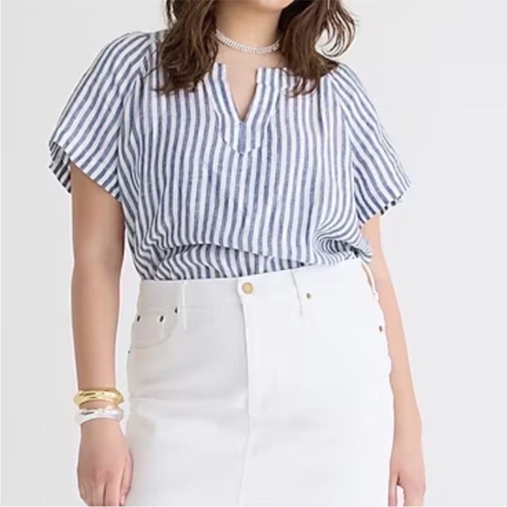 J Crew Flutter Sleeve V Neck Linen Top Navy Blue White Stripes- Size Small - Picture 4 of 12